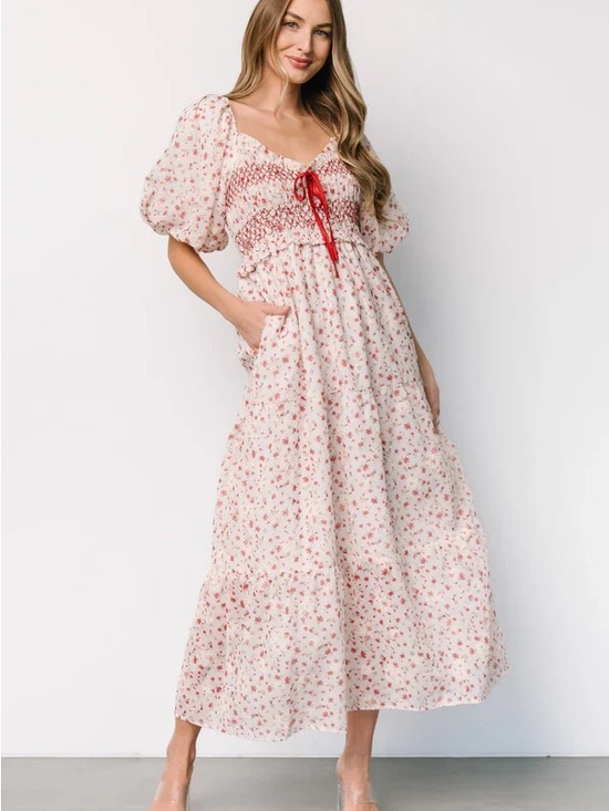 Dresses & Skirts - Smocked Puff-Sleeve Floral Maxi Dress - White with Red Floral
